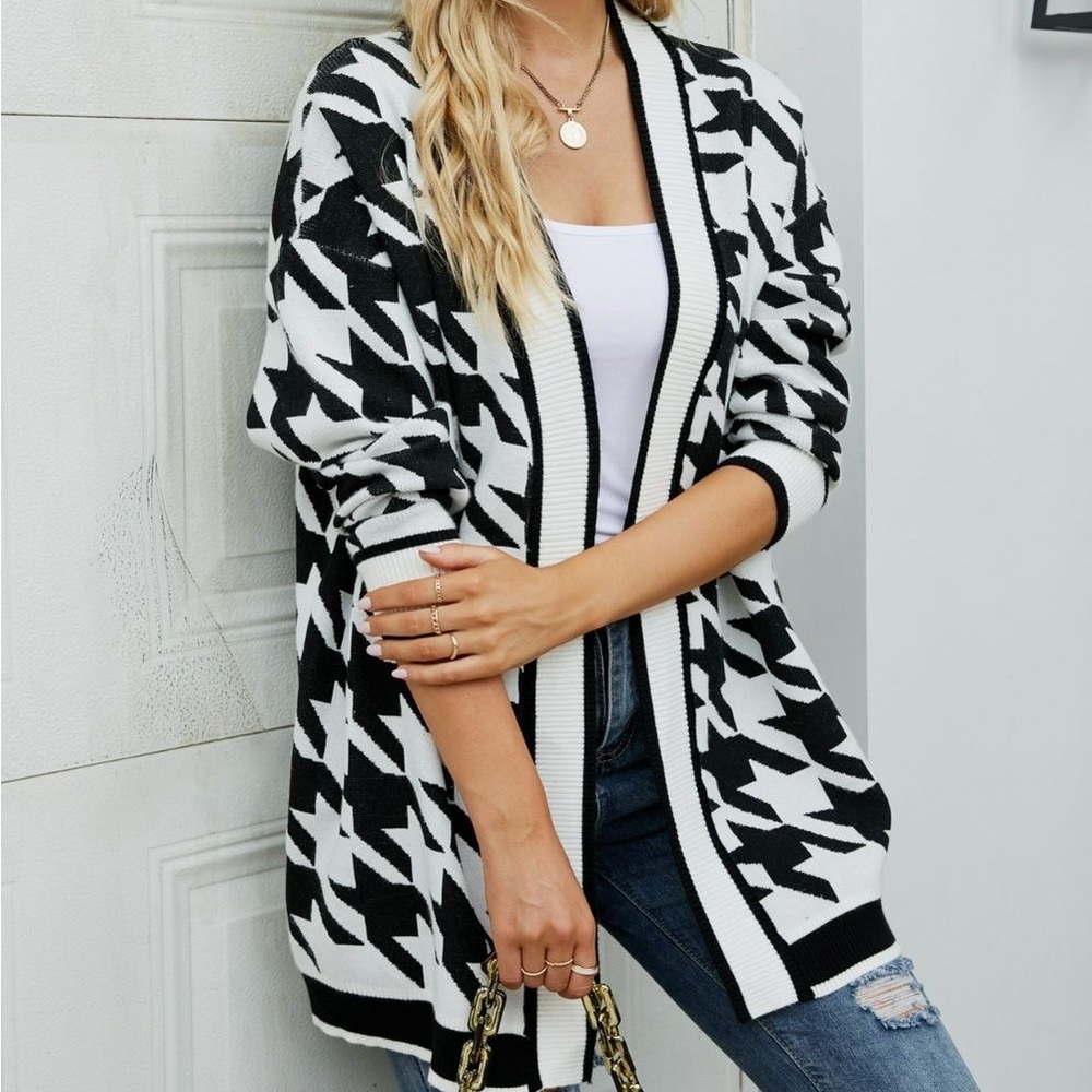 HOUNDSTOOTH RIBBED TRIM OPEN FRONT CARDIGAN - Picture 4 of 5